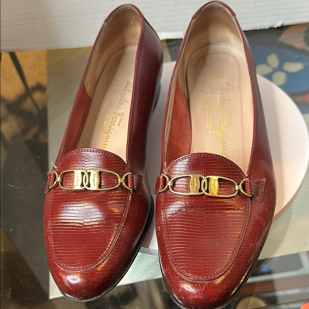 Salvatore Ferragamo Maroon Leather Loafers with Gold Hardware